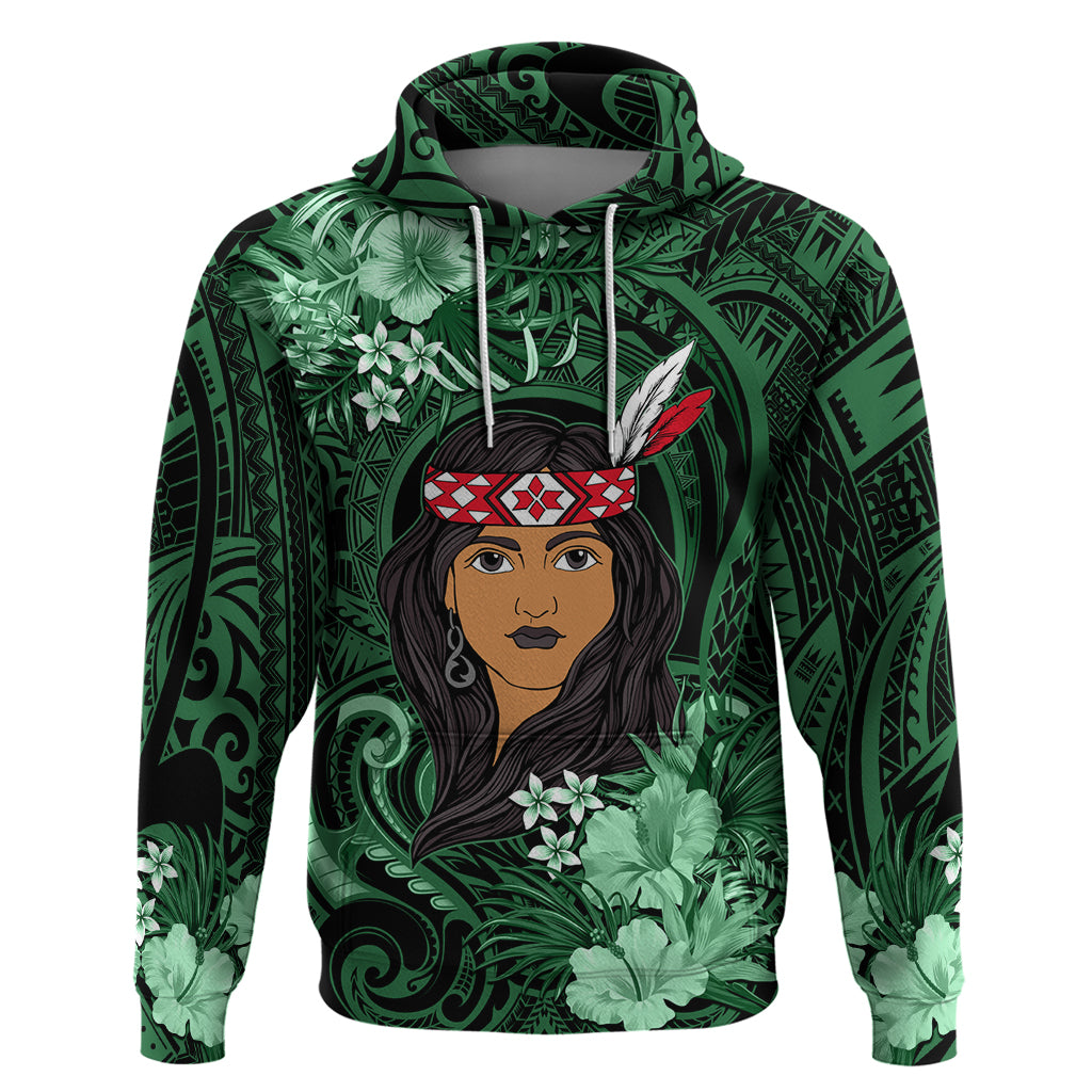 New Zealand Custom Women's Day Hoodie Maori Girl Feathers of Hope - Green LT9 Pullover Hoodie Green - Polynesian Pride