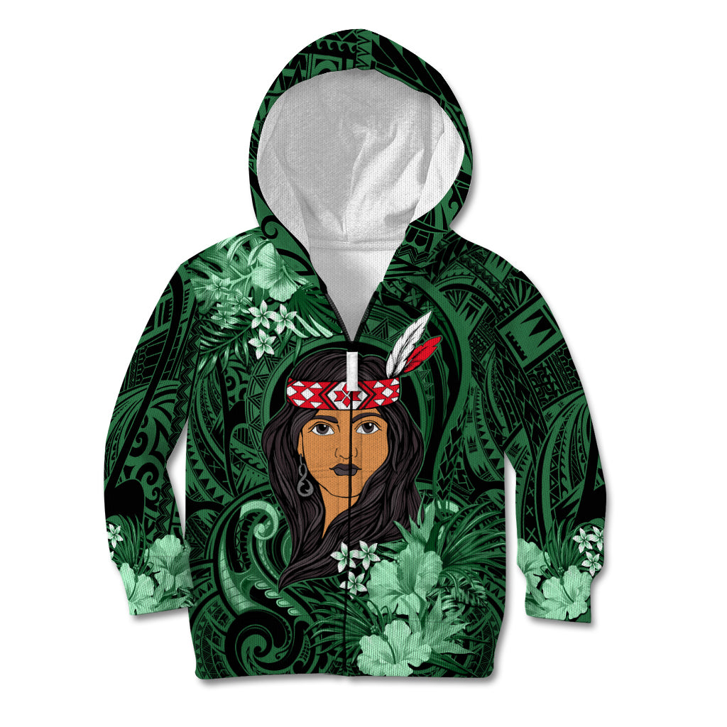 New Zealand Custom Women's Day Kid Hoodie Maori Girl Feathers of Hope - Green LT9 Zip Hoodie Green - Polynesian Pride