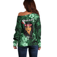 New Zealand Custom Women's Day Off Shoulder Sweater Maori Girl Feathers of Hope - Green LT9 - Polynesian Pride