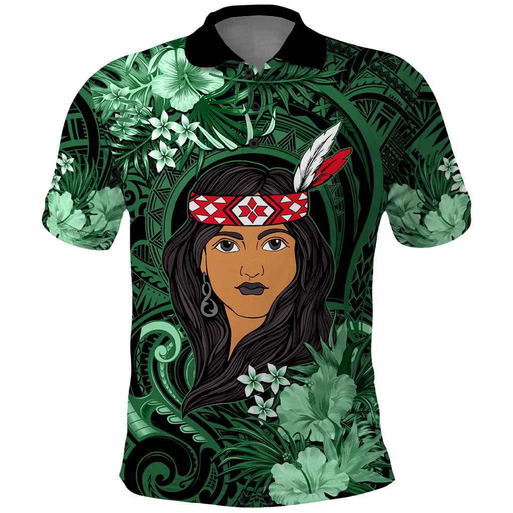 New Zealand Custom Women's Day Polo Shirt Maori Girl Feathers of Hope - Green LT9 Green - Polynesian Pride