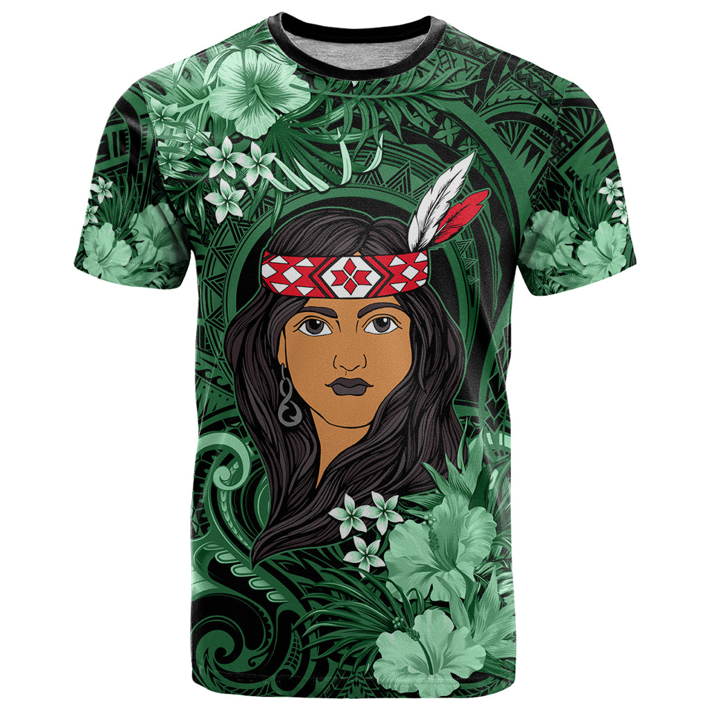 New Zealand Custom Women's Day T Shirt Maori Girl Feathers of Hope - Green LT9 Green - Polynesian Pride