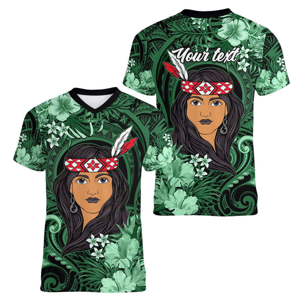 New Zealand Custom Women's Day Women V Neck T Shirt Maori Girl Feathers of Hope - Green LT9 - Polynesian Pride