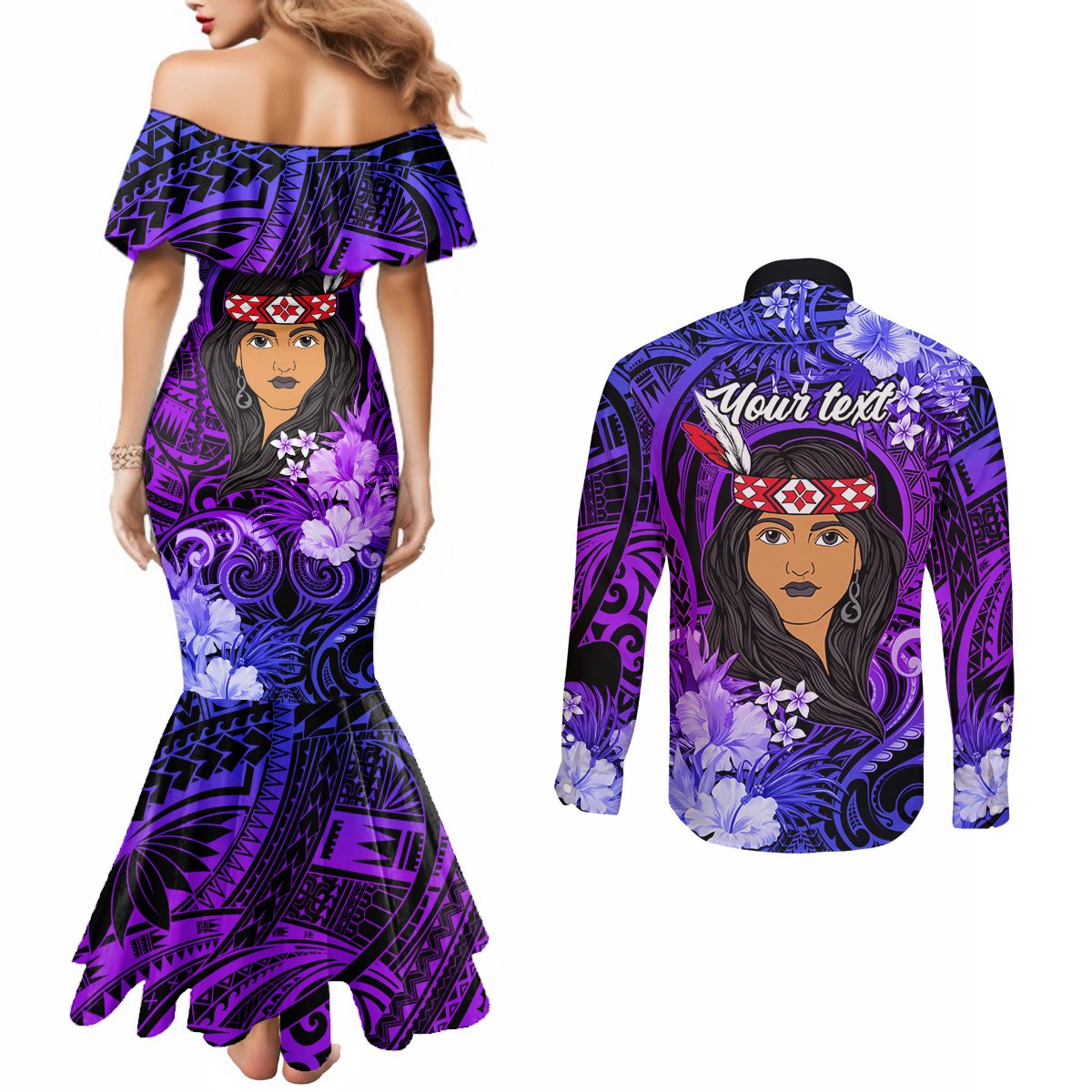 New Zealand Custom Women's Day Couples Matching Mermaid Dress and Long Sleeve Button Shirt Maori Girl Feathers of Hope - Purple LT9 - Polynesian Pride