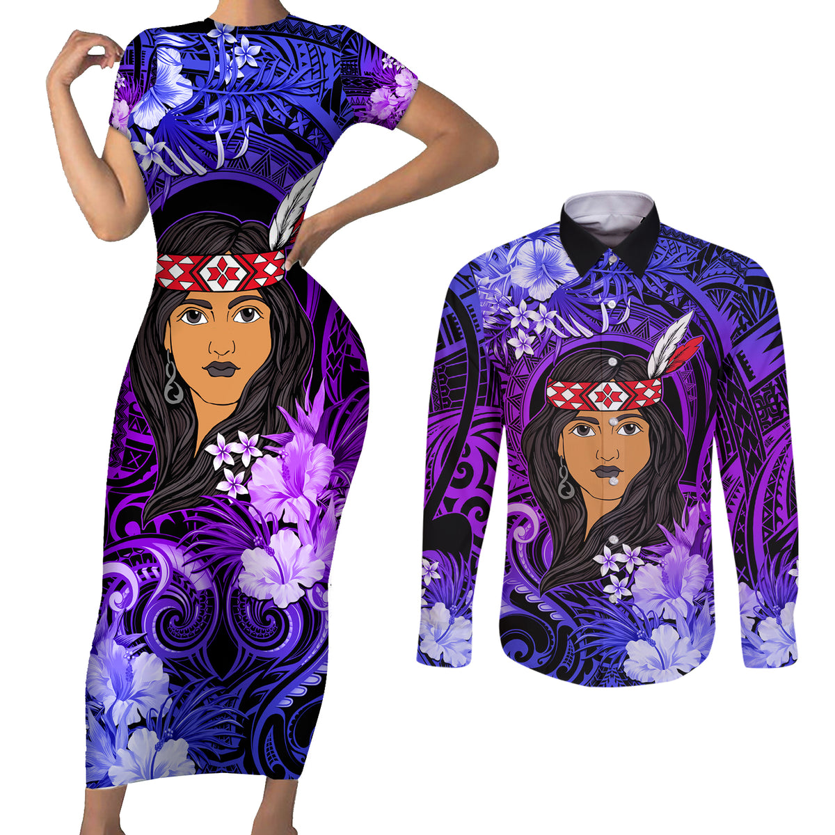 New Zealand Custom Women's Day Couples Matching Short Sleeve Bodycon Dress and Long Sleeve Button Shirt Maori Girl Feathers of Hope - Purple LT9 Purple - Polynesian Pride