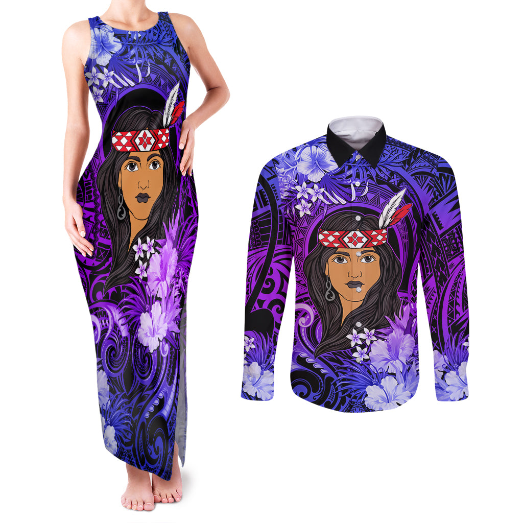 New Zealand Custom Women's Day Couples Matching Tank Maxi Dress and Long Sleeve Button Shirt Maori Girl Feathers of Hope - Purple LT9 Purple - Polynesian Pride