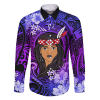 New Zealand Custom Women's Day Family Matching Off Shoulder Long Sleeve Dress and Hawaiian Shirt Maori Girl Feathers of Hope - Purple LT9 Dad's Shirt - Long Sleeve Purple - Polynesian Pride