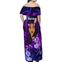 New Zealand Custom Women's Day Family Matching Off Shoulder Maxi Dress and Hawaiian Shirt Maori Girl Feathers of Hope - Purple LT9 - Polynesian Pride