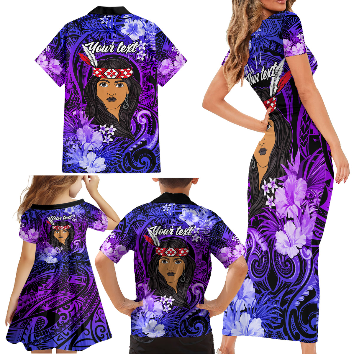 New Zealand Custom Women's Day Family Matching Short Sleeve Bodycon Dress and Hawaiian Shirt Maori Girl Feathers of Hope - Purple LT9 - Polynesian Pride