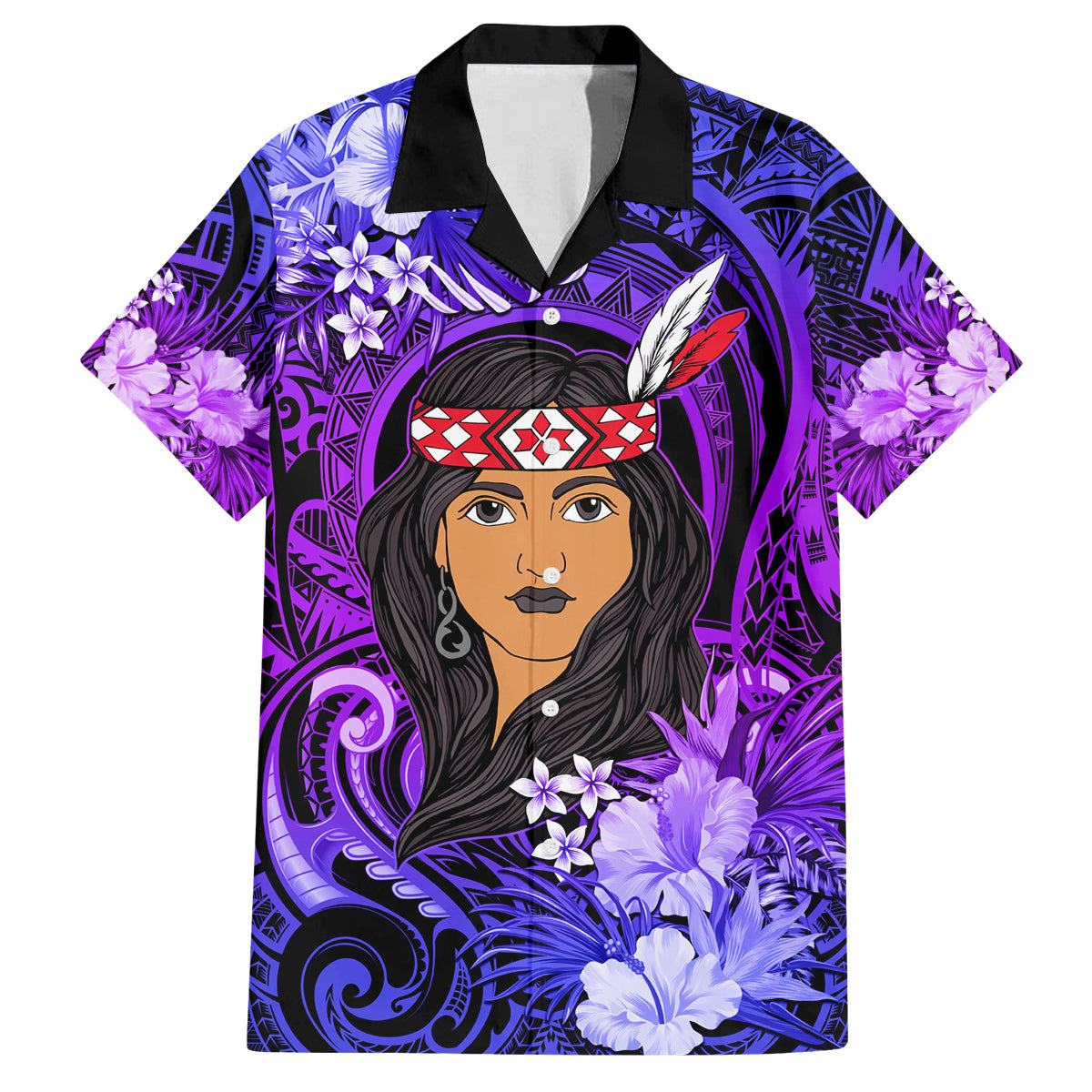 New Zealand Custom Women's Day Family Matching Tank Maxi Dress and Hawaiian Shirt Maori Girl Feathers of Hope - Purple LT9 Dad's Shirt - Short Sleeve Purple - Polynesian Pride