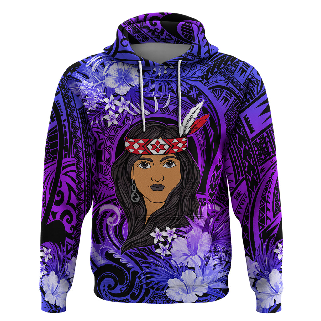 New Zealand Custom Women's Day Hoodie Maori Girl Feathers of Hope - Purple LT9 Pullover Hoodie Purple - Polynesian Pride