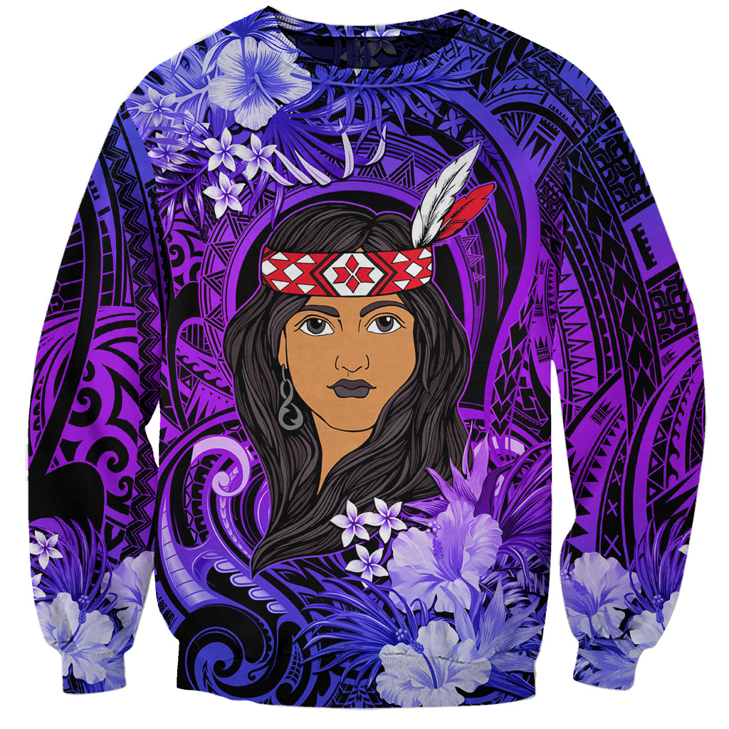 New Zealand Custom Women's Day Sweatshirt Maori Girl Feathers of Hope - Purple LT9 Unisex Purple - Polynesian Pride
