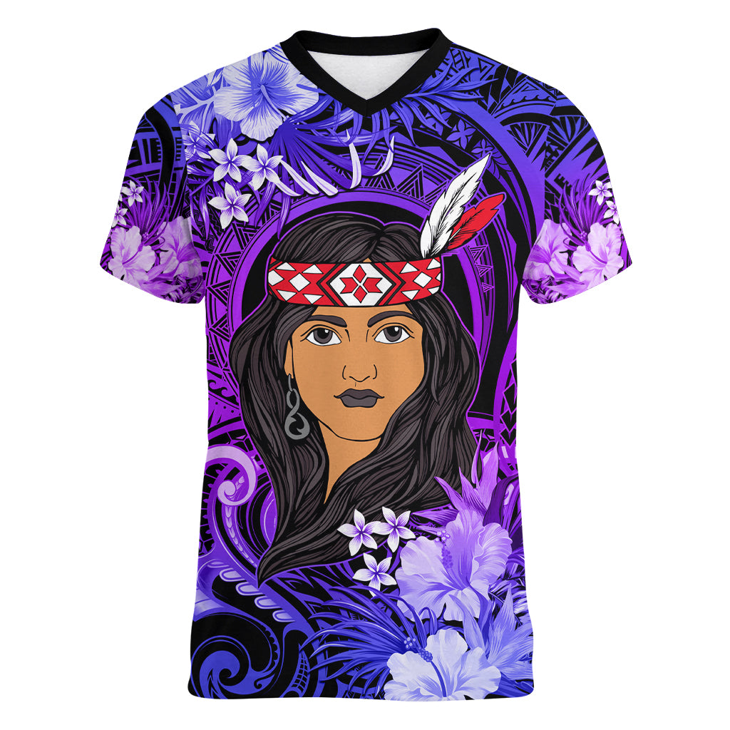 New Zealand Custom Women's Day Women V Neck T Shirt Maori Girl Feathers of Hope - Purple LT9 Female Purple - Polynesian Pride