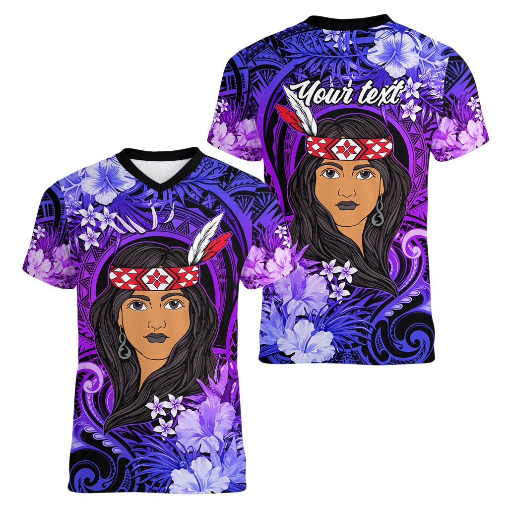 New Zealand Custom Women's Day Women V Neck T Shirt Maori Girl Feathers of Hope - Purple LT9 - Polynesian Pride