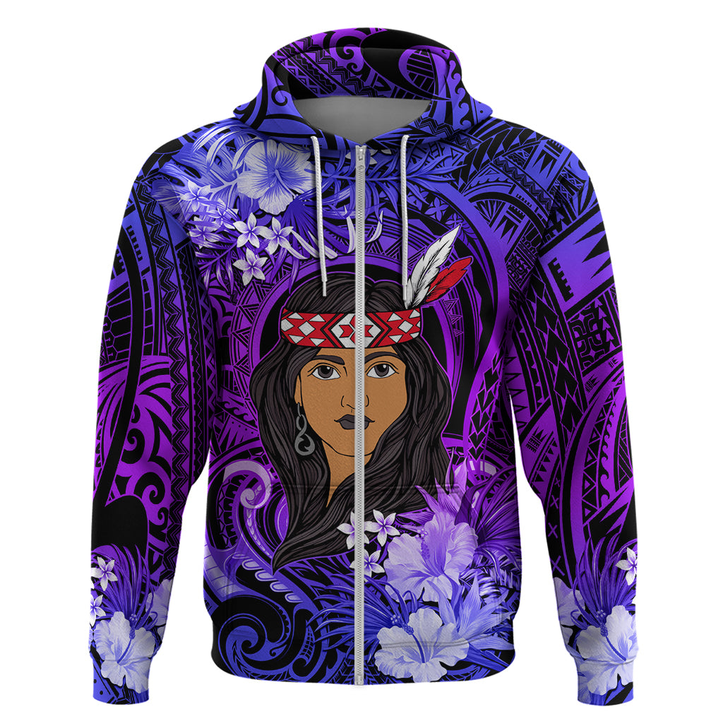 New Zealand Custom Women's Day Zip Hoodie Maori Girl Feathers of Hope - Purple LT9 Zip Hoodie Purple - Polynesian Pride