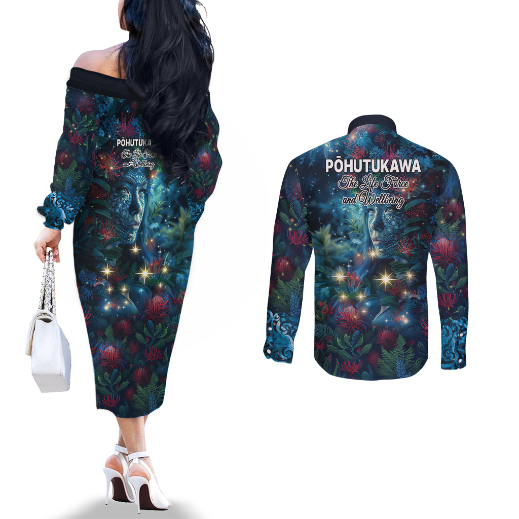 New Zealand Matariki Pohutukawa Couples Matching Off The Shoulder Long Sleeve Dress and Long Sleeve Button Shirt Te Mauri te Ora LT9 - Polynesian Pride