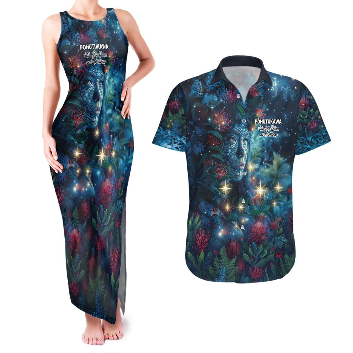 New Zealand Matariki Pohutukawa Couples Matching Tank Maxi Dress and Hawaiian Shirt Te Mauri te Ora LT9 Art - Polynesian Pride