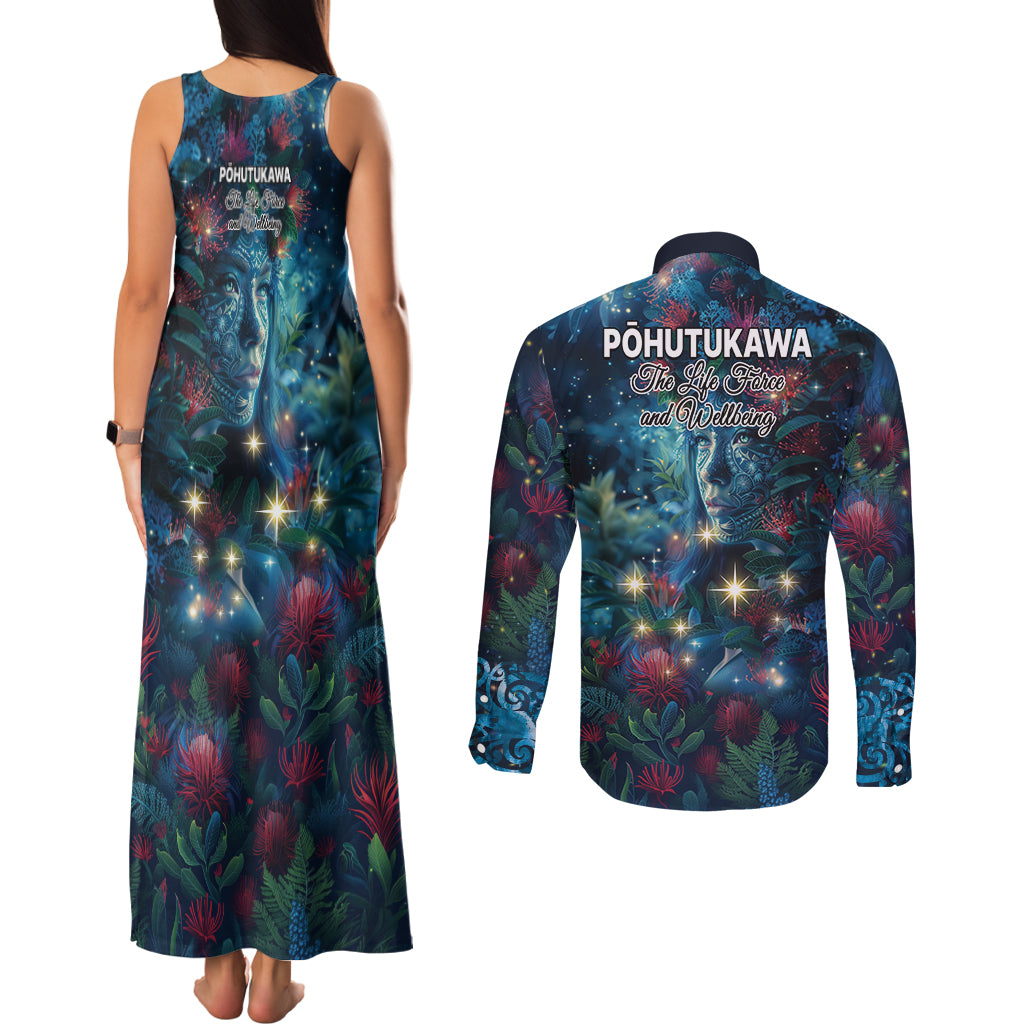New Zealand Matariki Pohutukawa Couples Matching Tank Maxi Dress and Long Sleeve Button Shirt Te Mauri te Ora LT9 - Polynesian Pride