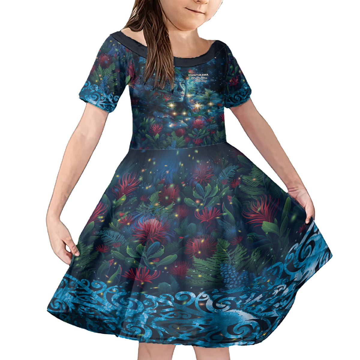 New Zealand Matariki Pohutukawa Family Matching Puletasi and Hawaiian Shirt Te Mauri te Ora LT9 Daughter's Dress Art - Polynesian Pride