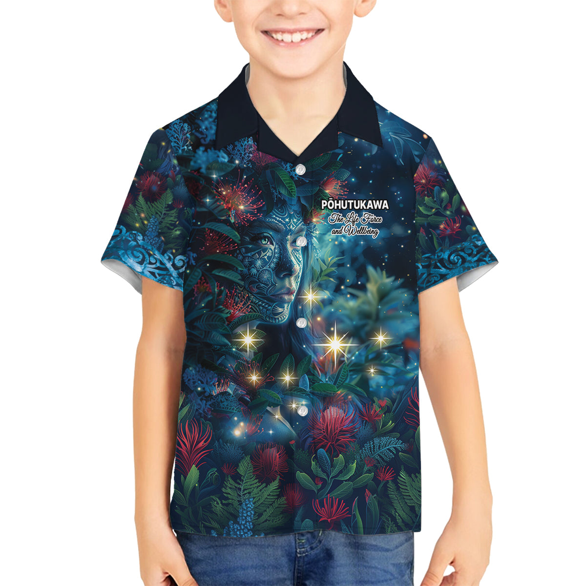 New Zealand Matariki Pohutukawa Family Matching Puletasi and Hawaiian Shirt Te Mauri te Ora LT9 Son's Shirt Art - Polynesian Pride