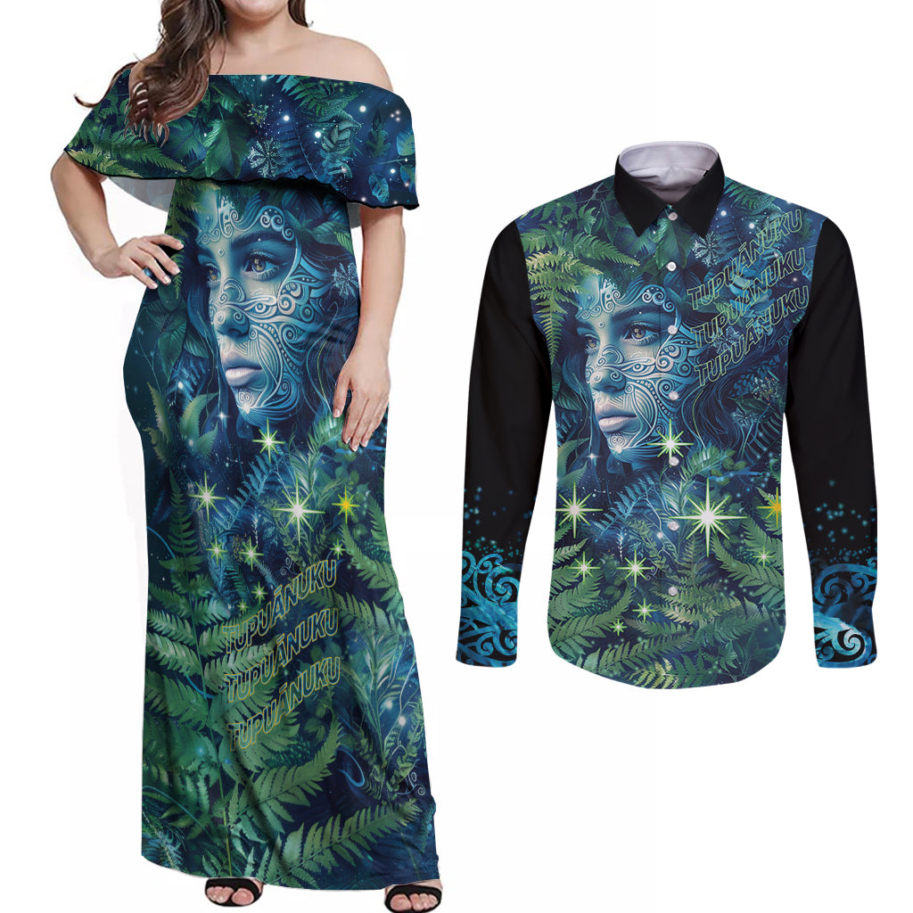 New Zealand Matariki Tupuanuku Couples Matching Off Shoulder Maxi Dress and Long Sleeve Button Shirt Te W o te Hauhake LT9 Art - Polynesian Pride