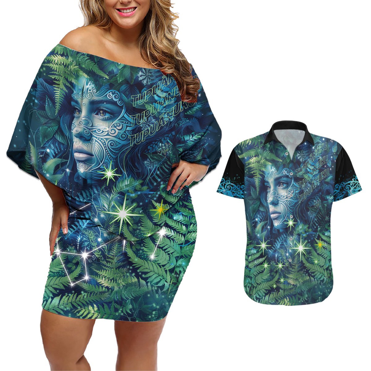 New Zealand Matariki Tupuanuku Couples Matching Off Shoulder Short Dress and Hawaiian Shirt Te W o te Hauhake LT9 Art - Polynesian Pride