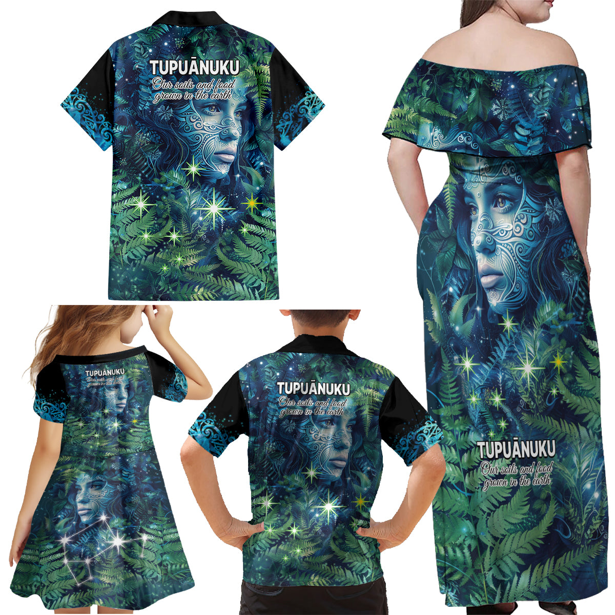 New Zealand Matariki Tupuanuku Family Matching Off Shoulder Maxi Dress and Hawaiian Shirt Te W o te Hauhake LT9 - Polynesian Pride