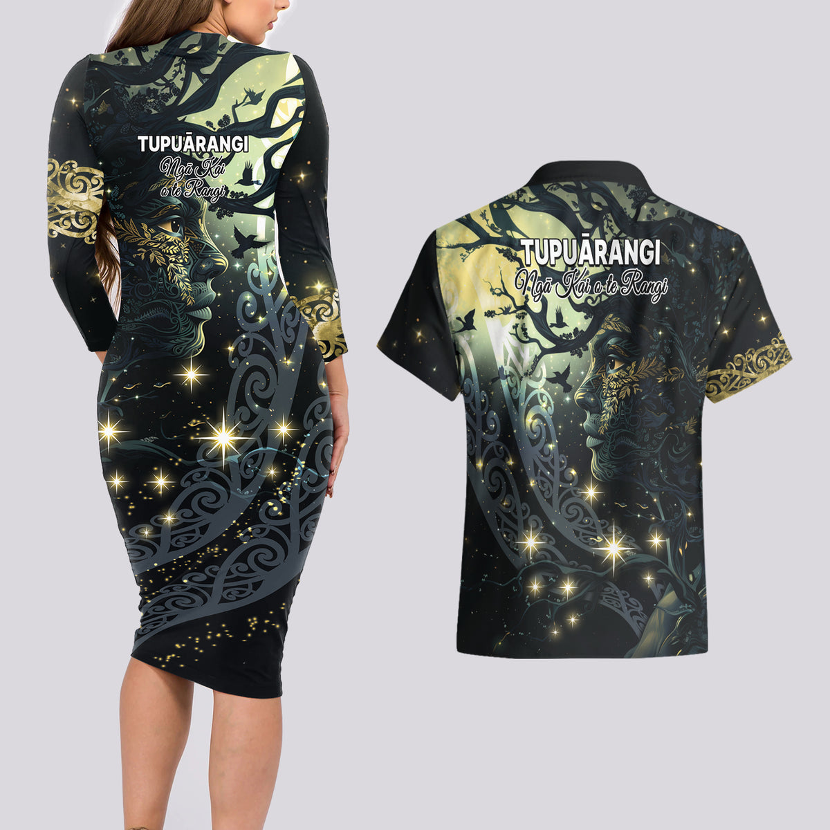 New Zealand Matariki Tupuarangi Couples Matching Long Sleeve Bodycon Dress and Hawaiian Shirt Ng Kai o te Rangi LT9 - Polynesian Pride