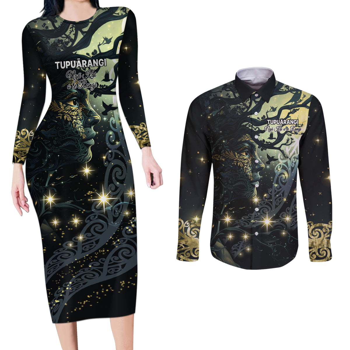 New Zealand Matariki Tupuarangi Couples Matching Long Sleeve Bodycon Dress and Long Sleeve Button Shirt Ng Kai o te Rangi LT9 Art - Polynesian Pride