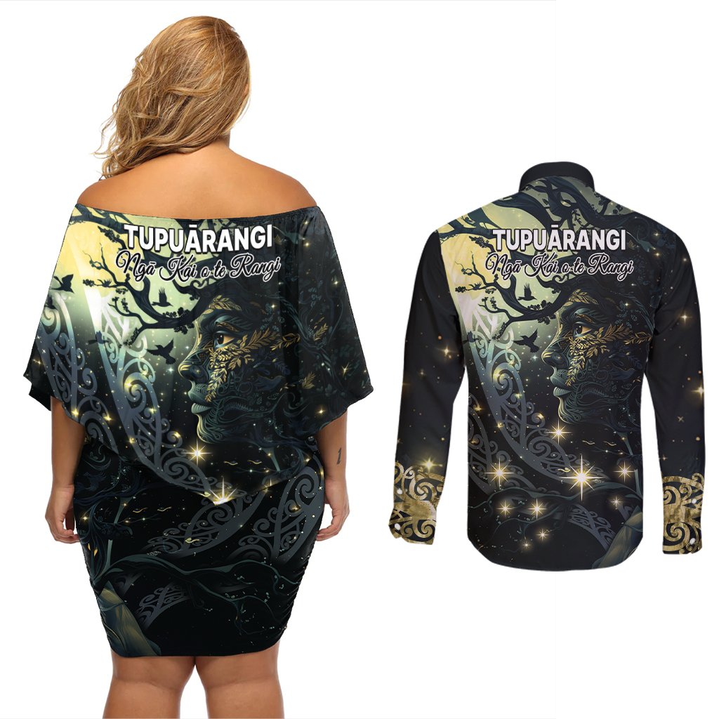 New Zealand Matariki Tupuarangi Couples Matching Off Shoulder Short Dress and Long Sleeve Button Shirt Ng Kai o te Rangi LT9 - Polynesian Pride
