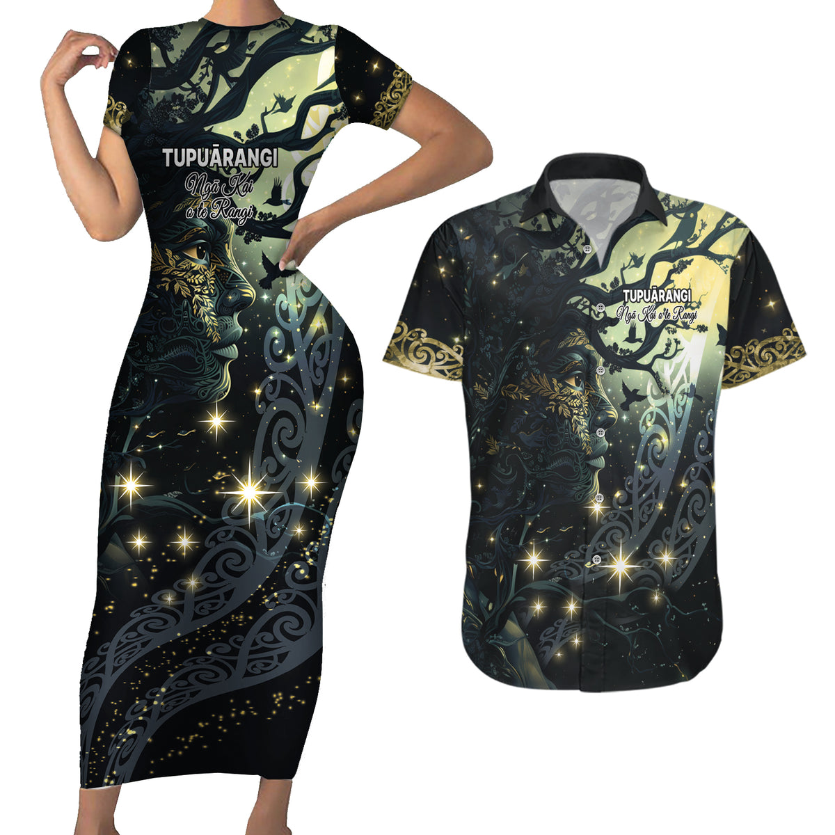 New Zealand Matariki Tupuarangi Couples Matching Short Sleeve Bodycon Dress and Hawaiian Shirt Ng Kai o te Rangi LT9 Art - Polynesian Pride
