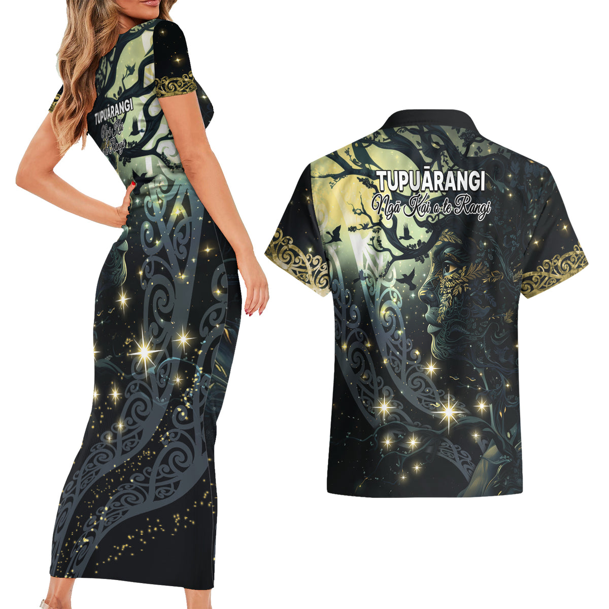New Zealand Matariki Tupuarangi Couples Matching Short Sleeve Bodycon Dress and Hawaiian Shirt Ng Kai o te Rangi LT9 - Polynesian Pride