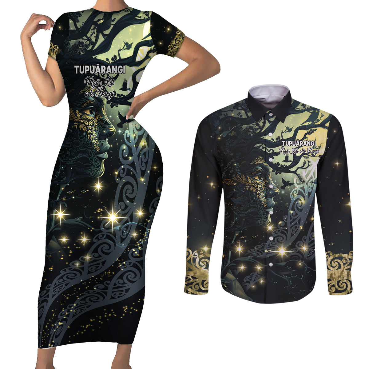New Zealand Matariki Tupuarangi Couples Matching Short Sleeve Bodycon Dress and Long Sleeve Button Shirt Ng Kai o te Rangi LT9 Art - Polynesian Pride