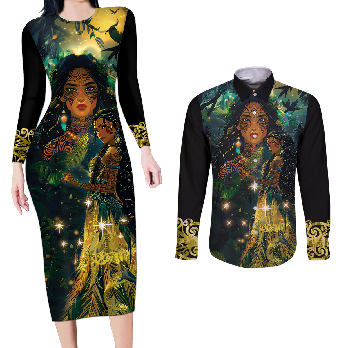 New Zealand Matariki Couples Matching Long Sleeve Bodycon Dress and Long Sleeve Button Shirt Rongo Mori Wellbeing and Good Luck LT9 Art - Polynesian Pride