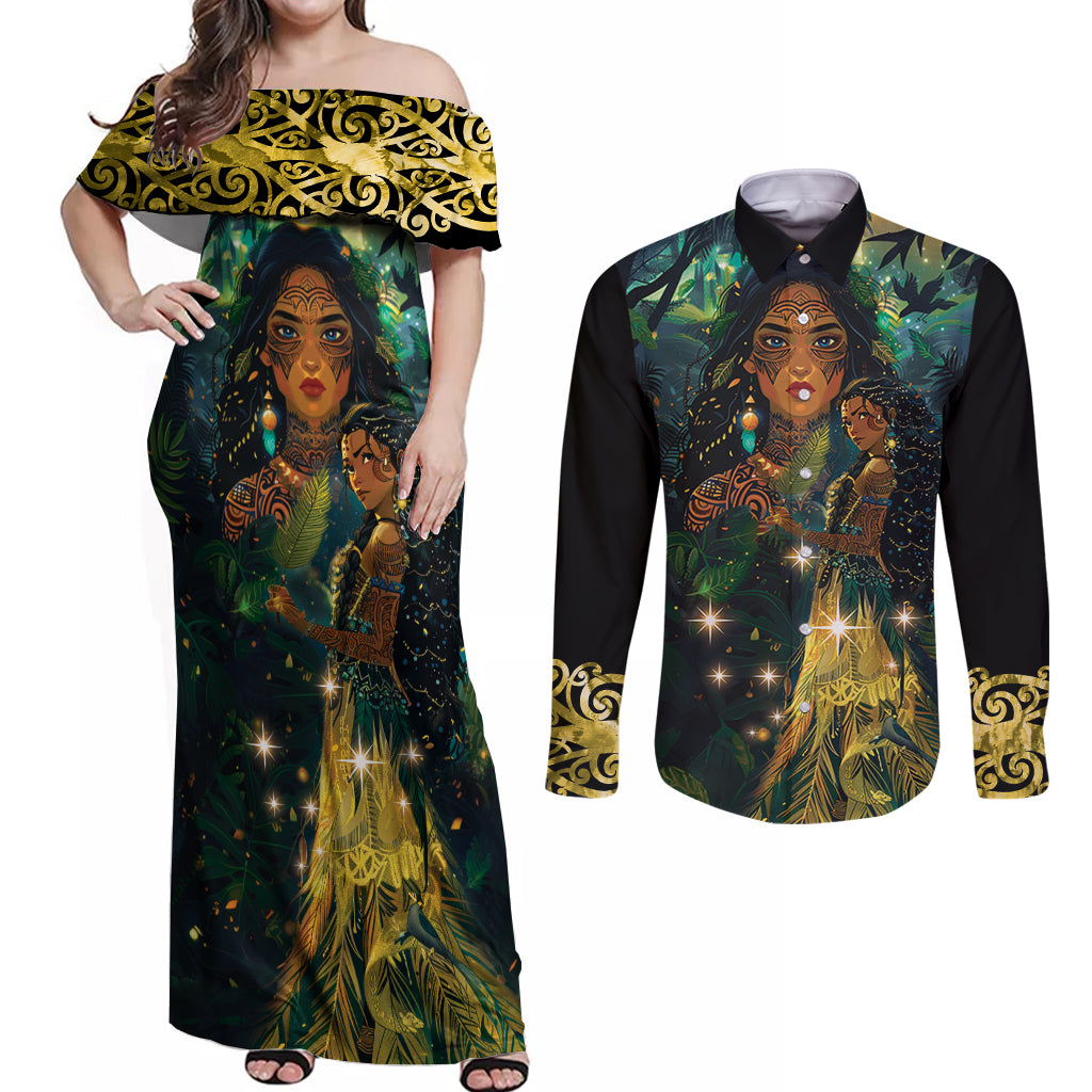 New Zealand Matariki Couples Matching Off Shoulder Maxi Dress and Long Sleeve Button Shirt Rongo Mori Wellbeing and Good Luck LT9 Art - Polynesian Pride
