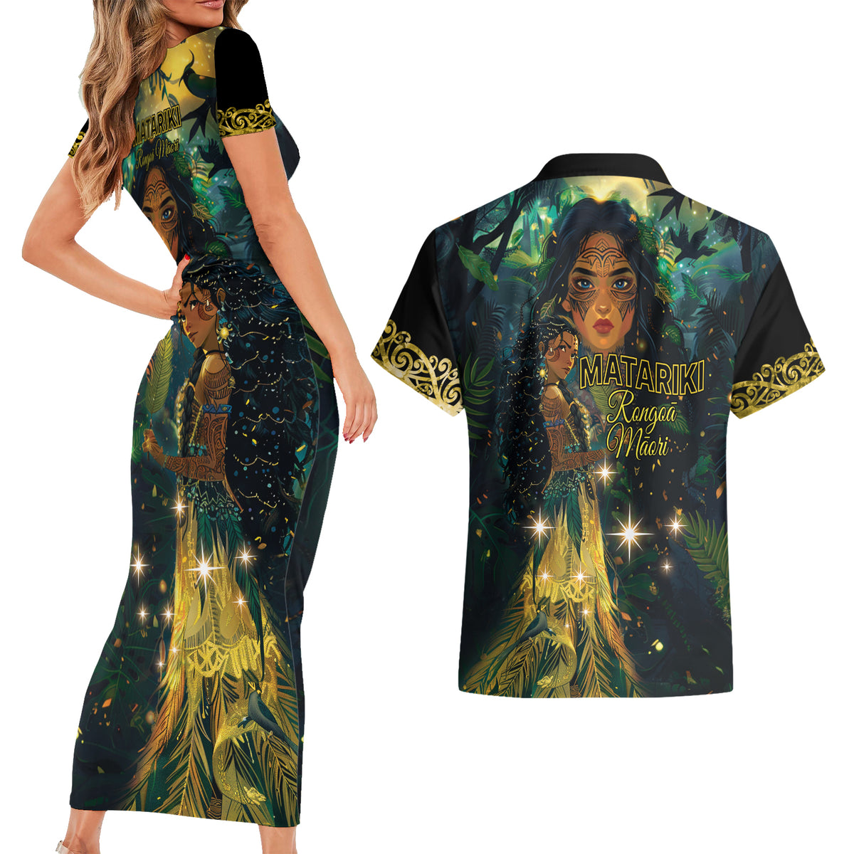 New Zealand Matariki Couples Matching Short Sleeve Bodycon Dress and Hawaiian Shirt Rongo Mori Wellbeing and Good Luck LT9 - Polynesian Pride