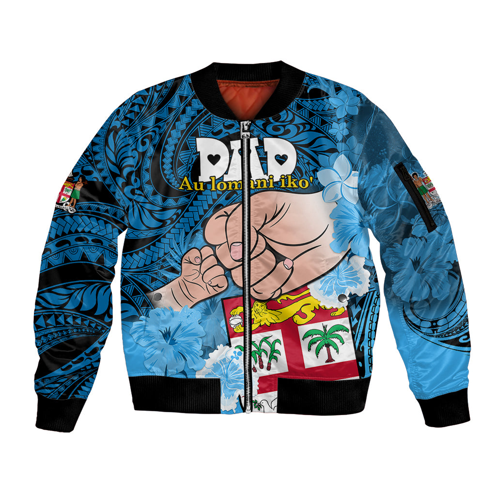 Dads Day Fiji Sleeve Zip Bomber Jacket Dad Au Lomani Iko - Polynesian Flowers Tribal LT9 Unisex Blue - Polynesian Pride