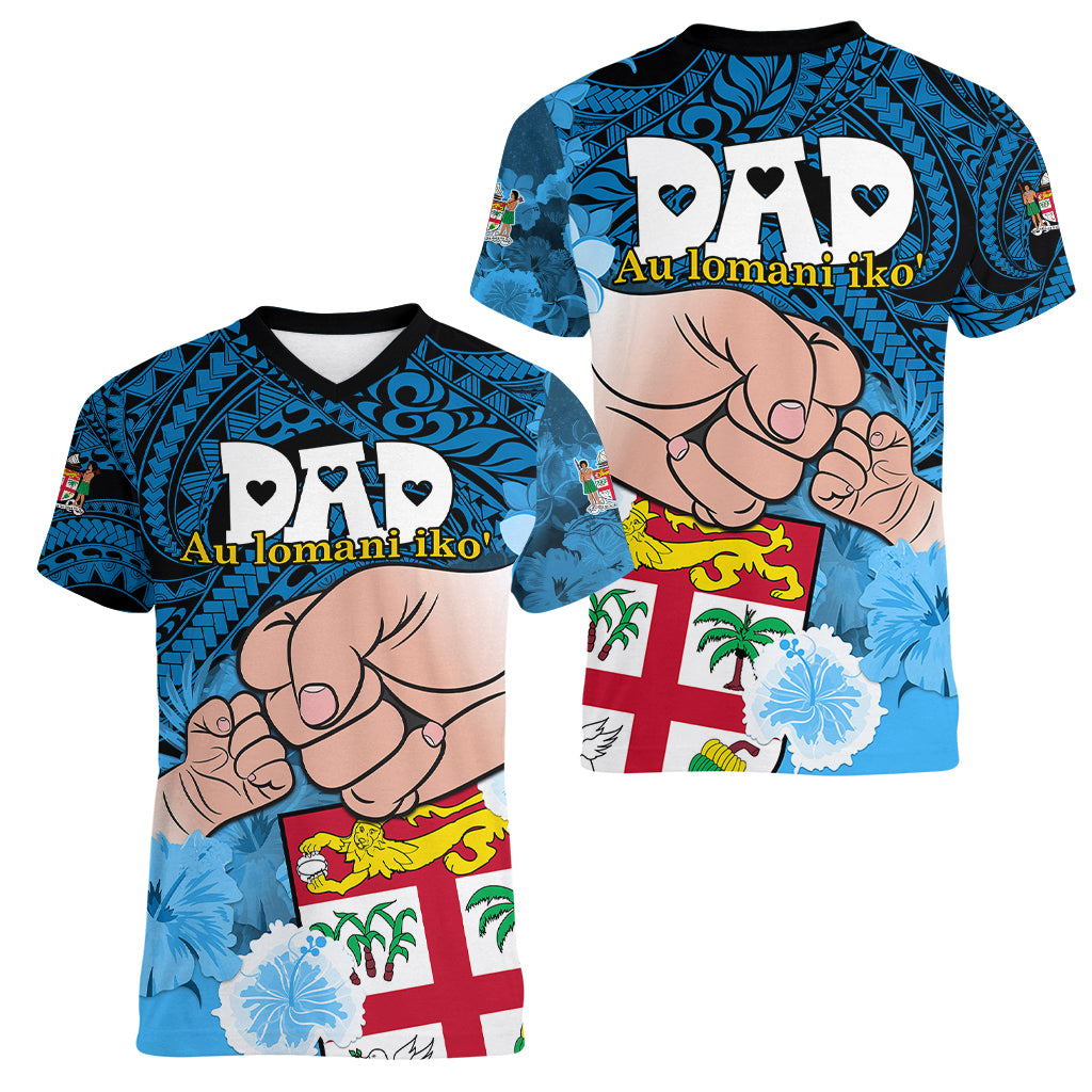 Fathers Day Polynesian Islands Fiji Women V Neck T Shirt Dad Au Lomani Iko - Polynesian Flowers Tribal LT9 - Polynesian Pride