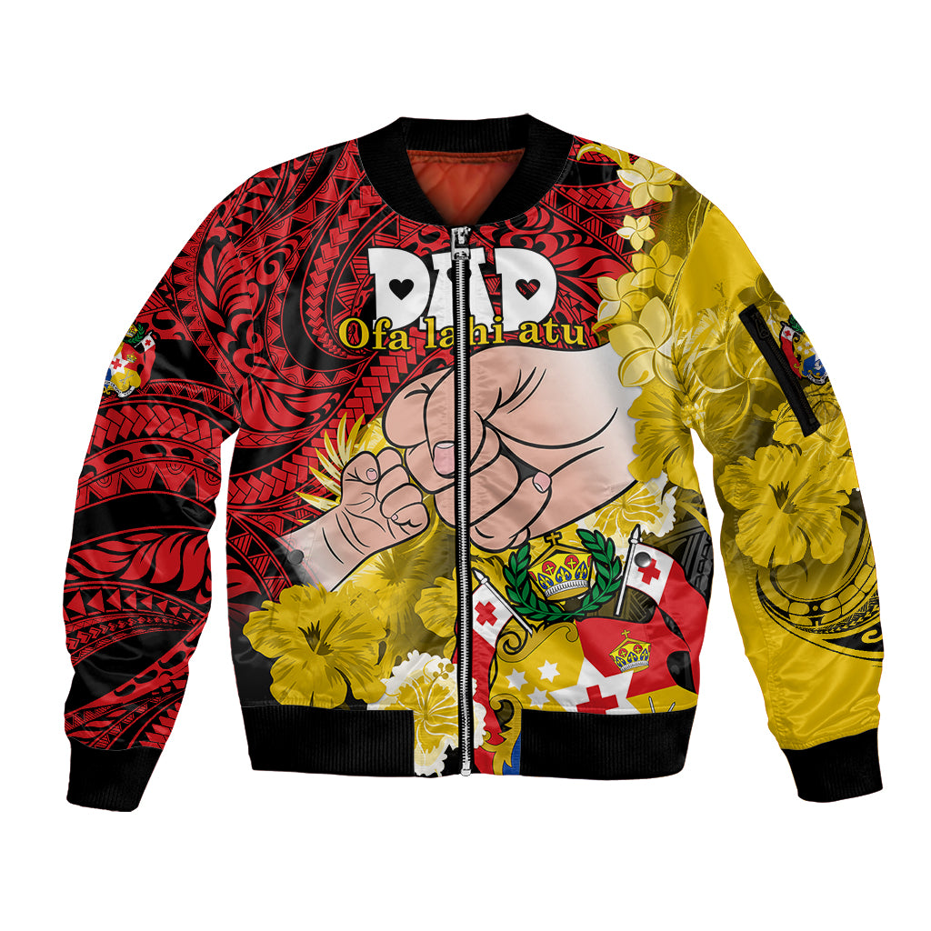 Personalised Dads Day Tonga Sleeve Zip Bomber Jacket Dad Ofa lahi atu - Polynesian Flowers Tribal LT9 Unisex Red - Polynesian Pride