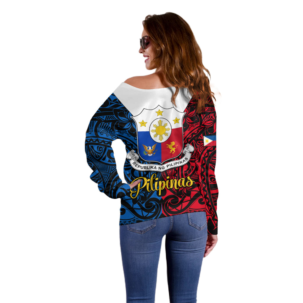 Polynesian Philippines Off Shoulder Sweater Pilipinas Flag Style for 125th Independence Anniversary Black LT9 - Polynesian Pride