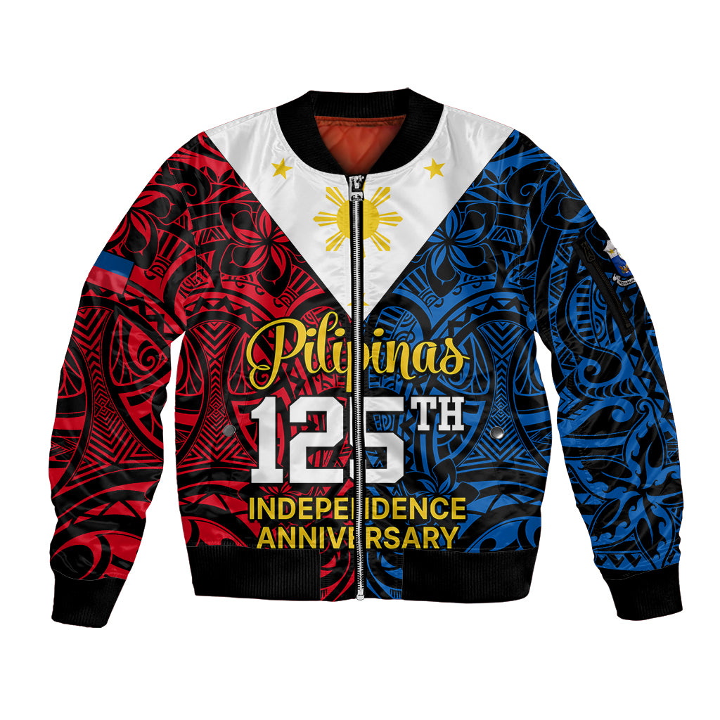 Personalised Polynesian Philippines Sleeve Zip Bomber Jacket Pilipinas Flag Style for 125th Independence Anniversary Black LT9 Unisex Black - Polynesian Pride