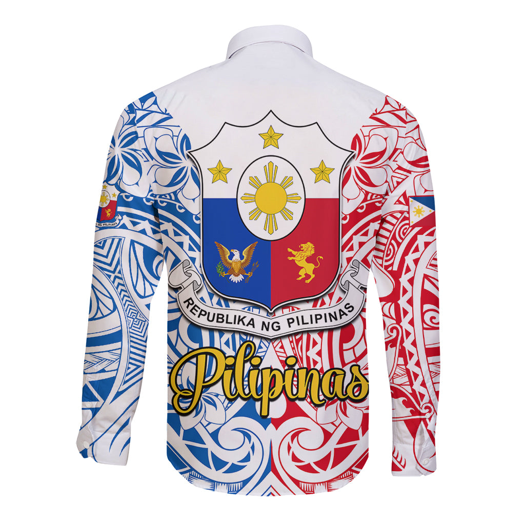 125th Independence Anniversary Philippines Long Sleeve Button Shirt Polynesian Pilipinas Flag Style - White LT9 - Polynesian Pride