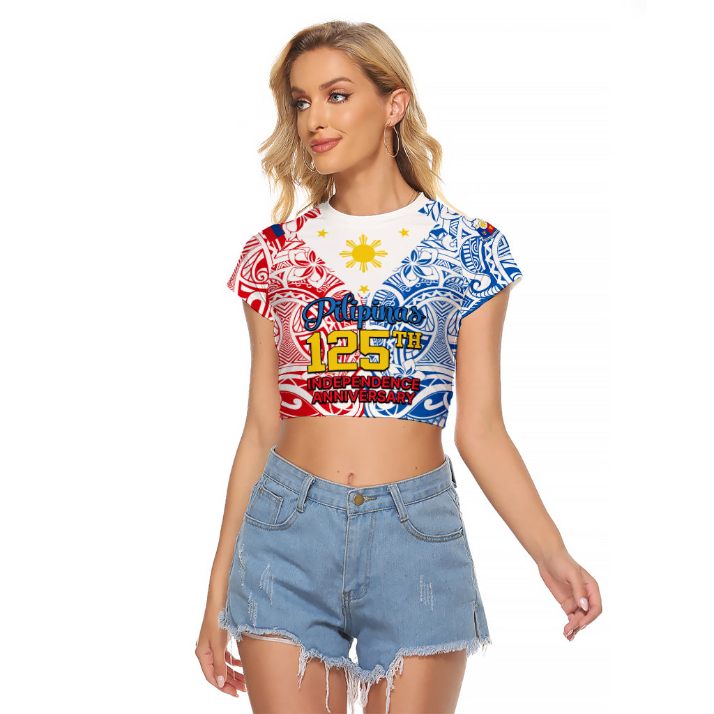 125th Independence Anniversary Philippines Raglan Cropped T Shirt Polynesian Pilipinas Flag Style - White LT9 Female White - Polynesian Pride