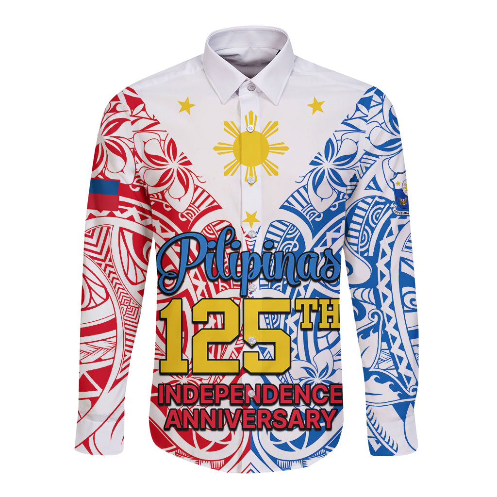 Personalised Polynesian Philippines Long Sleeve Button Shirt Pilipinas Flag Style for 125th Independence Anniversary White LT9 Unisex White - Polynesian Pride