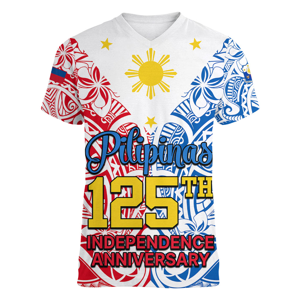 Personalised 125th Independence Anniversary Philippines Women V Neck T Shirt Polynesian Pilipinas Flag Style - White LT9 Female White - Polynesian Pride