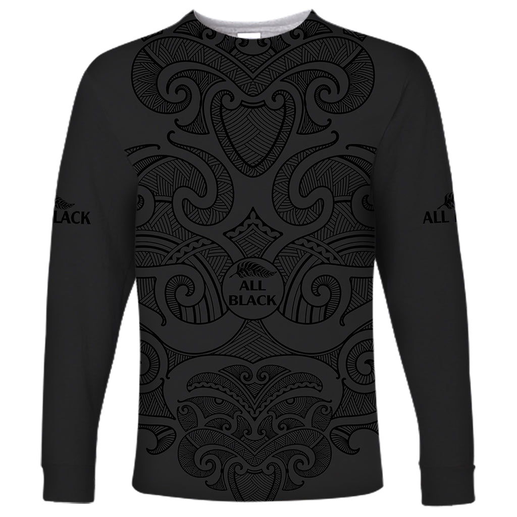 New Zealand Rugby Long Sleeve Shirt All Black Fern with Maori Tribal Pattern LT9 Unisex Black - Polynesian Pride