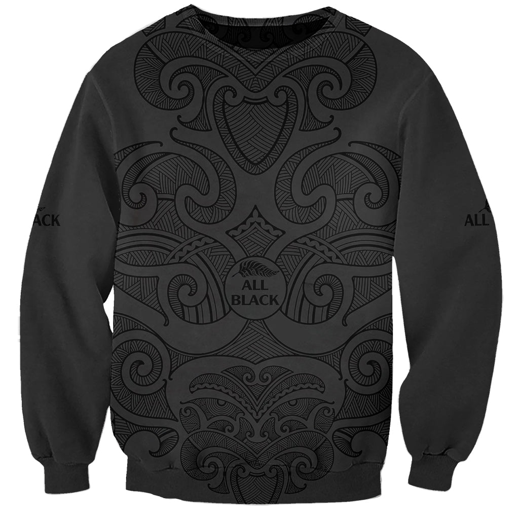 New Zealand Rugby Sweatshirt All Black Fern with Maori Tribal Pattern LT9 Unisex Black - Polynesian Pride