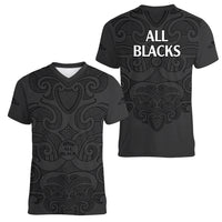 New Zealand Rugby Women V Neck T Shirt All Black Fern with Maori Tribal Pattern LT9 - Polynesian Pride