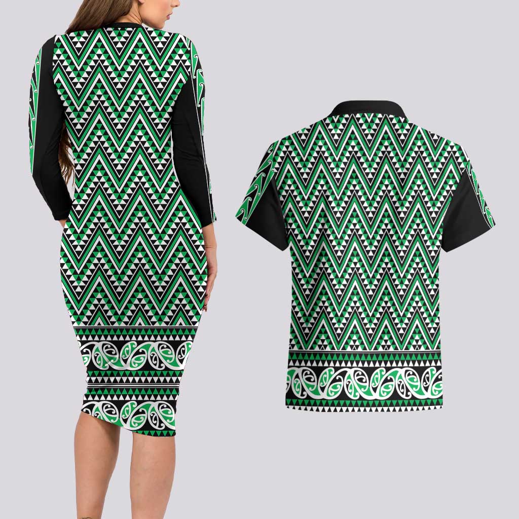 New Zealand Maori Niho Taniwha Couples Matching Long Sleeve Bodycon Dress and Hawaiian Shirt Kakariki Mangopare and Puhoro Pattern LT9 - Polynesian Pride