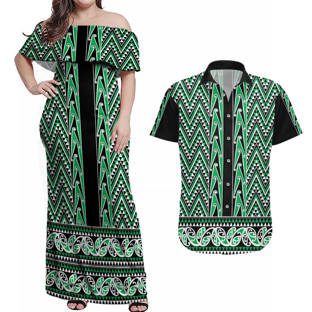 New Zealand Maori Niho Taniwha Couples Matching Off Shoulder Maxi Dress and Hawaiian Shirt Kakariki Mangopare and Puhoro Pattern LT9 Green - Polynesian Pride