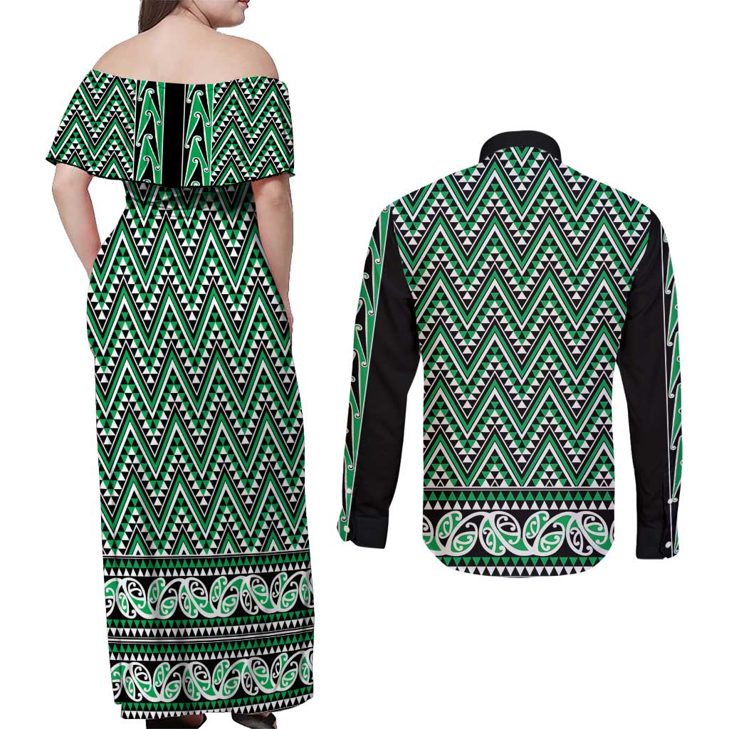 New Zealand Maori Niho Taniwha Couples Matching Off Shoulder Maxi Dress and Long Sleeve Button Shirt Kakariki Mangopare and Puhoro Pattern